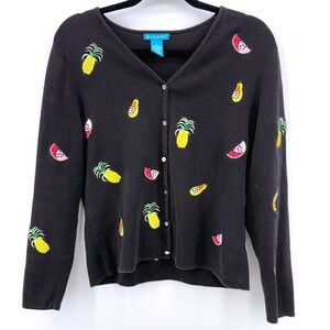 Alexandra Bartlett Vtg 90s Embroidered Fruit Cardigan Pineapple Cotton L Kitschy